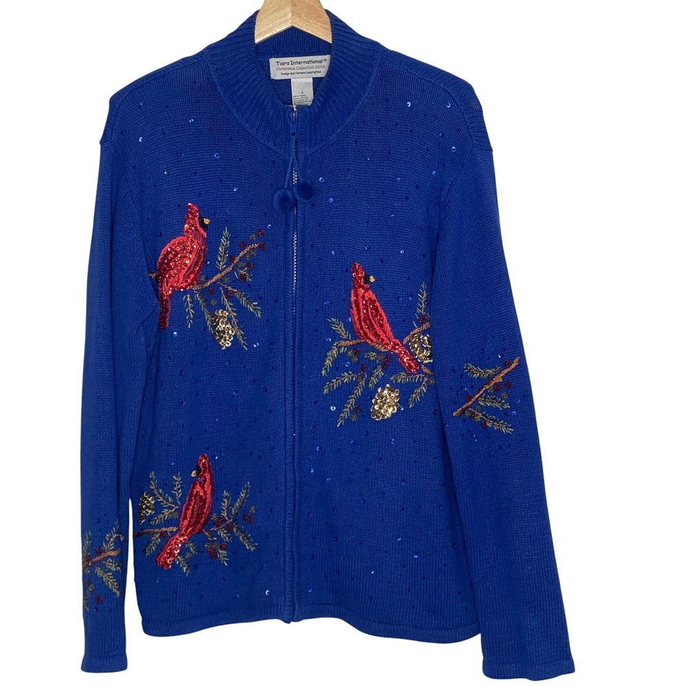 Tiara International 2004 Christmas Cardinal Sequin Zip Cardigan Blue Womens S